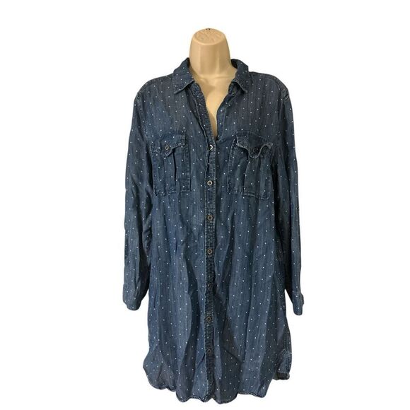 PHILOSOPHY Women's 100% Tencel Blue Polka Dot Chambray Shirt Dress Size Large - Picture 1 of 8